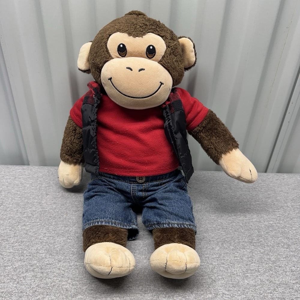 Build A Bear BAB Smiley Monkey Brown Plush 18" with Jeans Red T-Shirt Plaid Vest